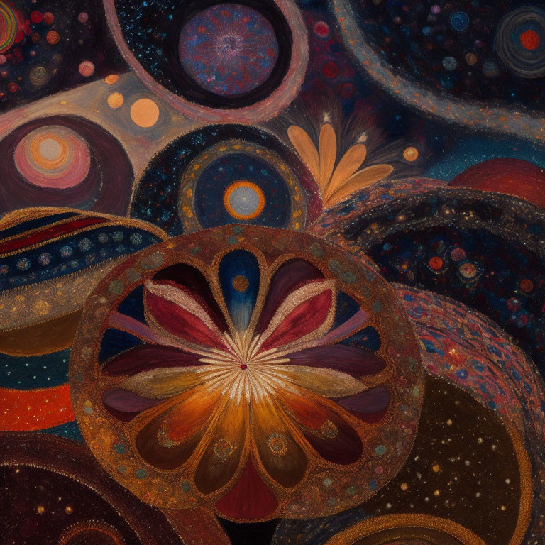 Vibrant Abstract Art: Swirling Warm Tones & Cosmic Motifs