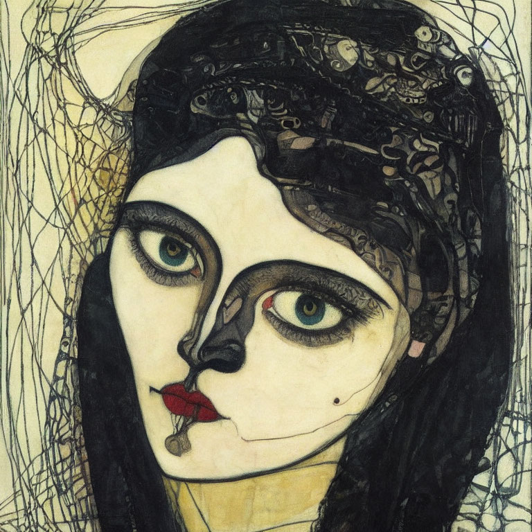 Stylized portrait of woman with striking eyes and intricate patterns on face