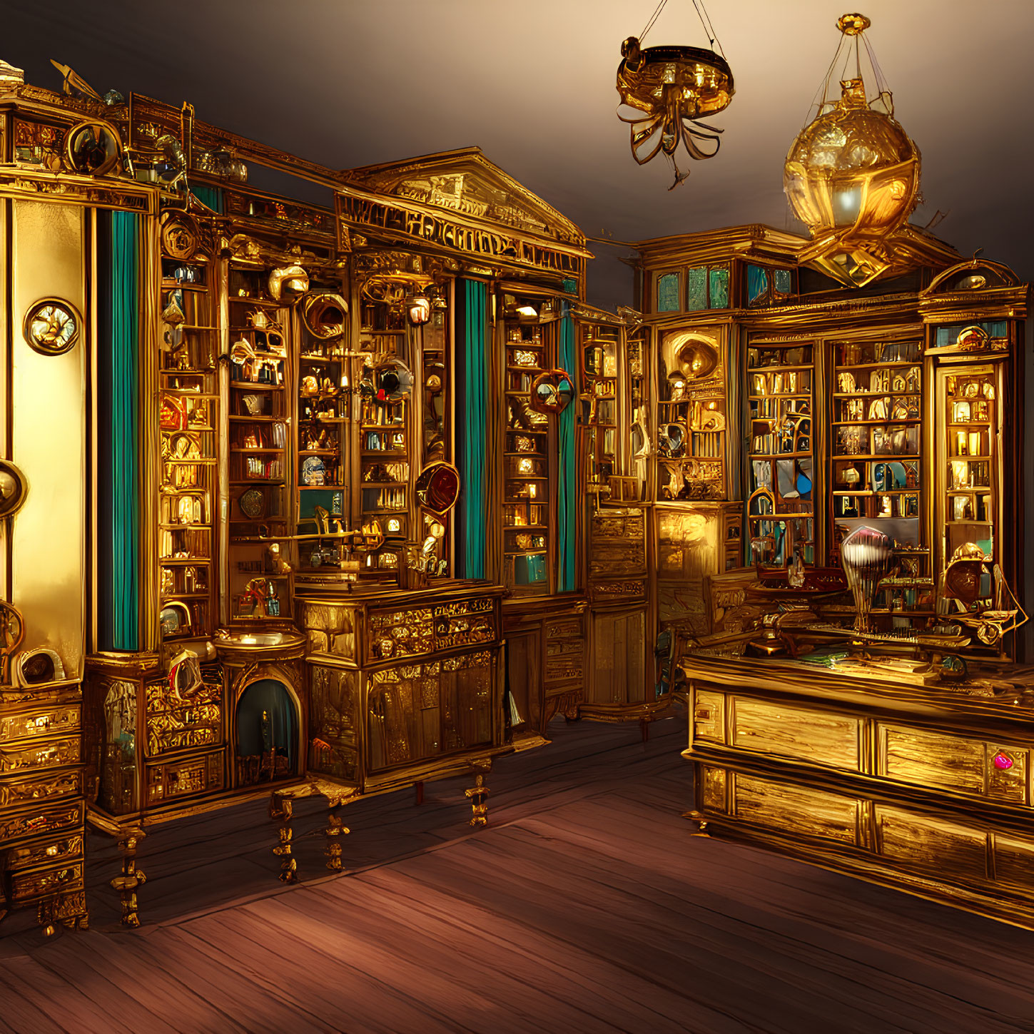 Vintage Golden Interior with Wooden Cabinets, Books, Globe, and Lamps