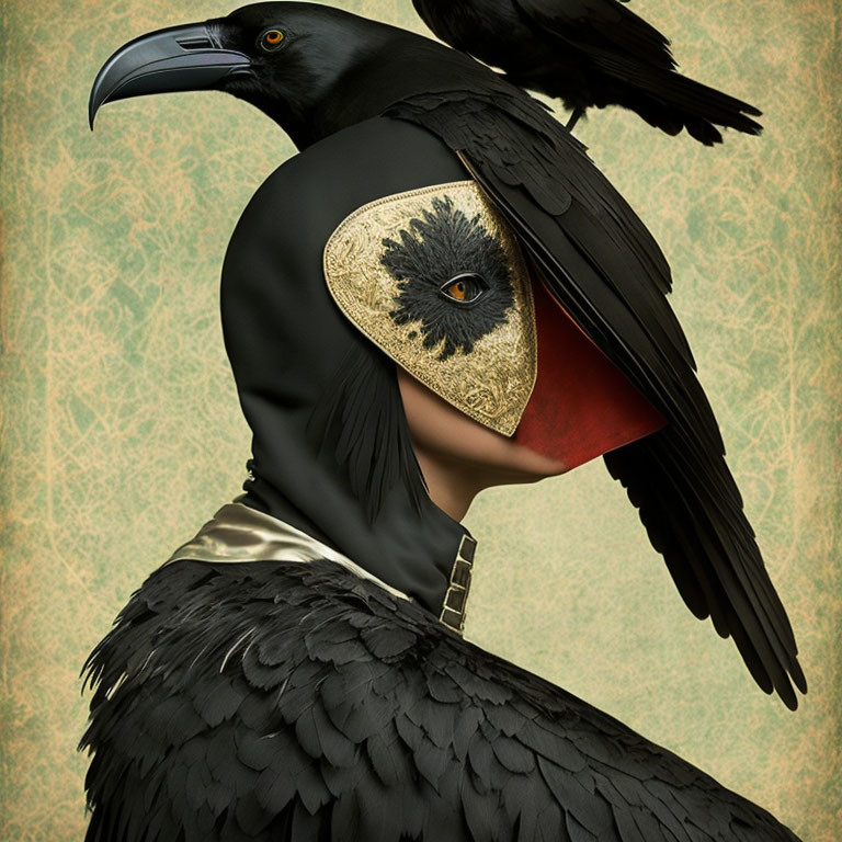 Digital artwork: Human figure merged with raven, gold mask with dark eye pattern, textured green background