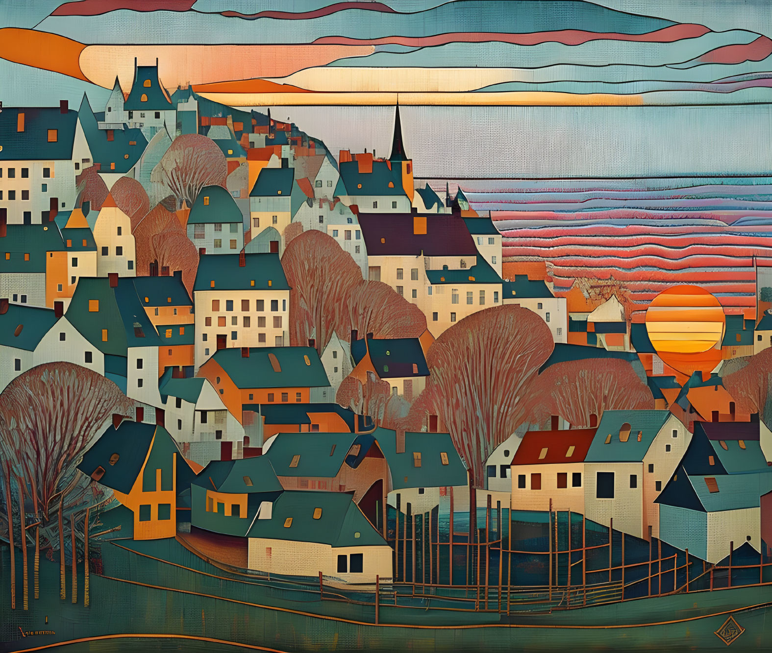 Scenic coastal town painting at sunset with vibrant trees and layered hills