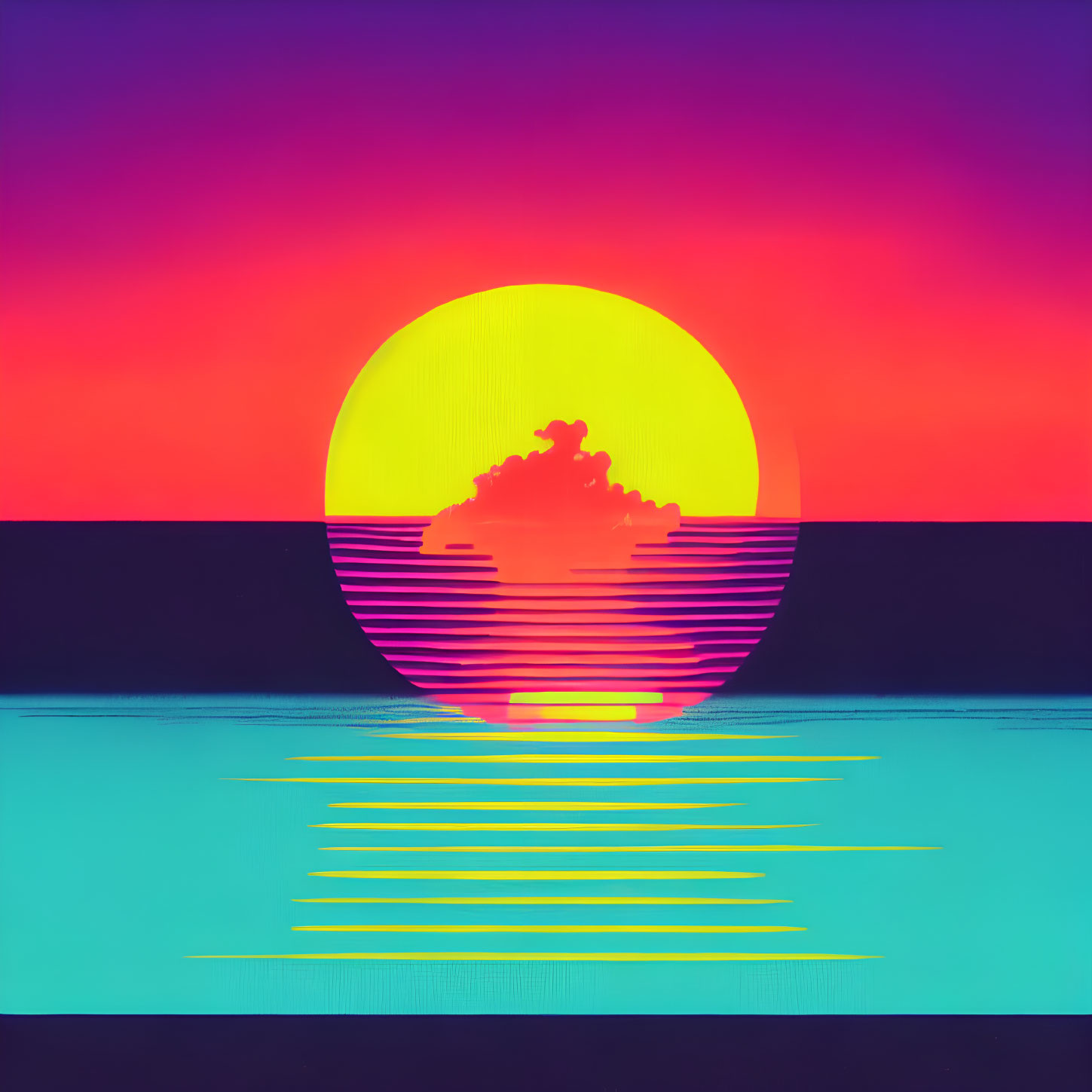 Colorful Retro-Style Digital Artwork of Setting Sun and Water