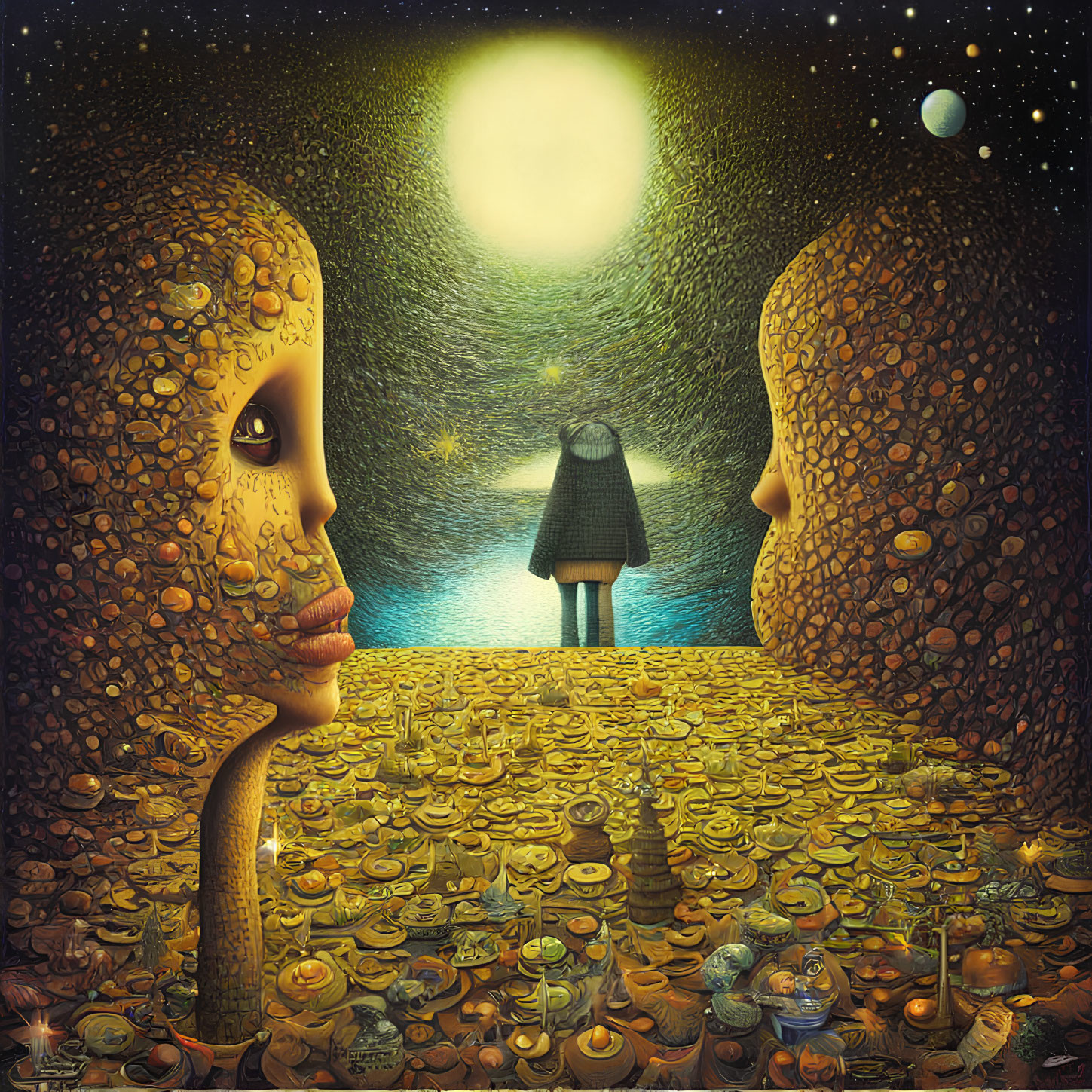 Surreal painting of faces with coin-textured skin and figure on coin path under moon.