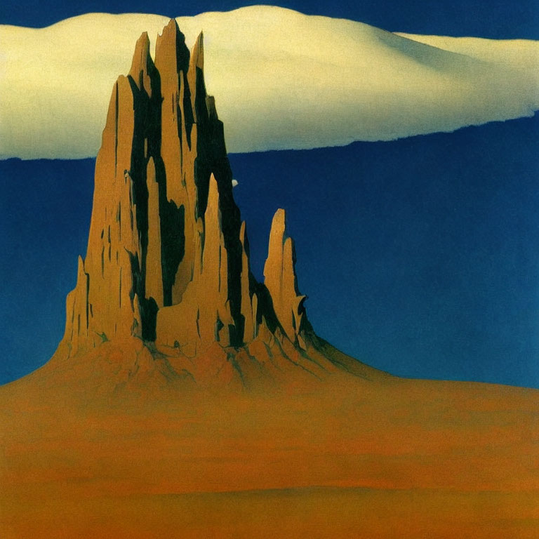 Vibrant painting of sharp mountain peak in orange against blue sky