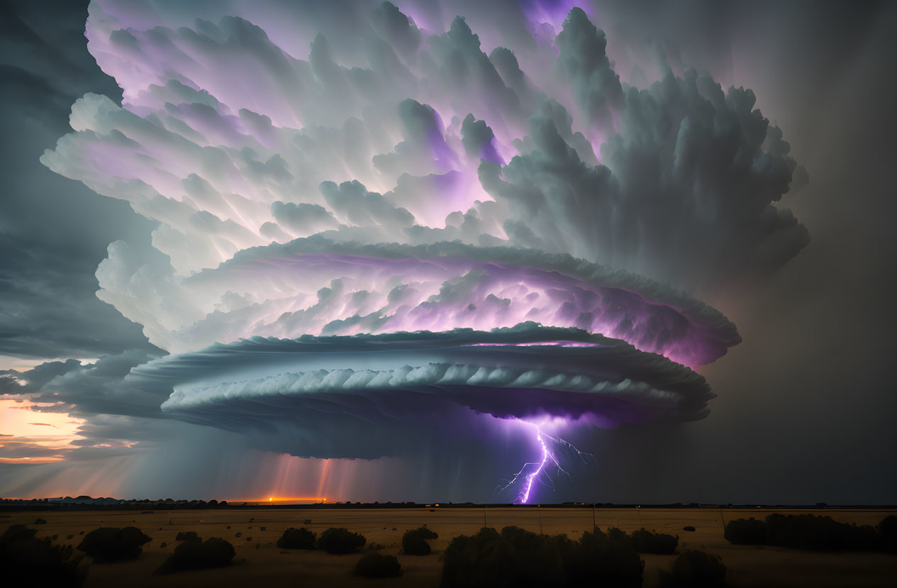 Layered Supercell Thunderstorm with Purple Lightning at Twilight