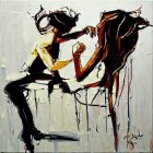 Stylized female figures in intimate pose with dynamic brush strokes