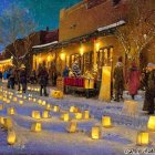 Winter evening market with snow, lanterns, shoppers, and illuminated building.