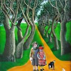 Man in tin armor and girl with small dog on yellow brick road in enchanted forest