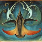 Surreal artwork: Creature with bat-like wings and central eye in dark, cloudy sky