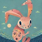 Illustrated rabbit with ornate patterns in whimsical nighttime landscape.