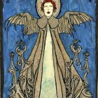 Ethereal figure with wings holding star and sphere in stained glass-style illustration