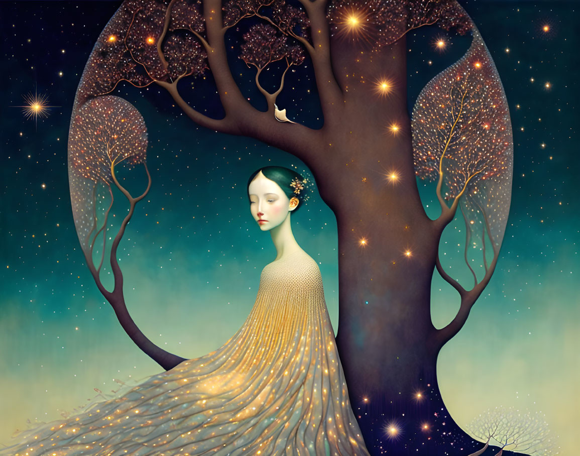 Surreal artwork: Woman with tree hair and gown merging into roots on starry night.