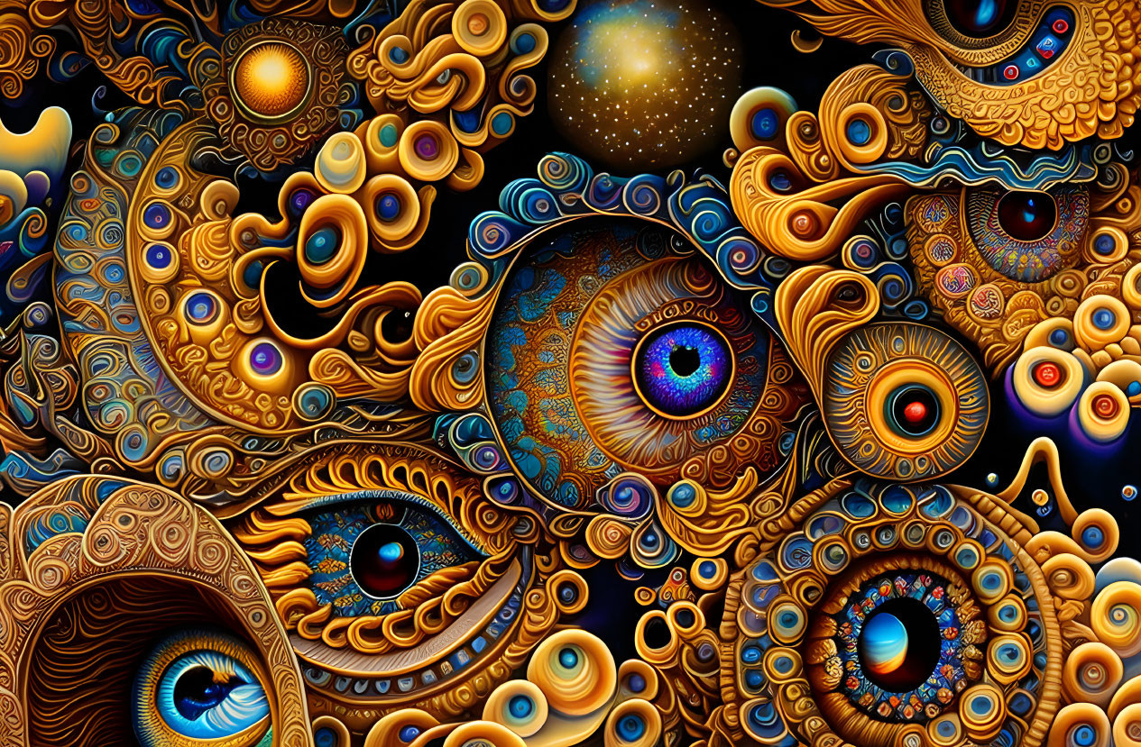 Colorful Psychedelic Art with Stylized Eyes and Cosmic Patterns