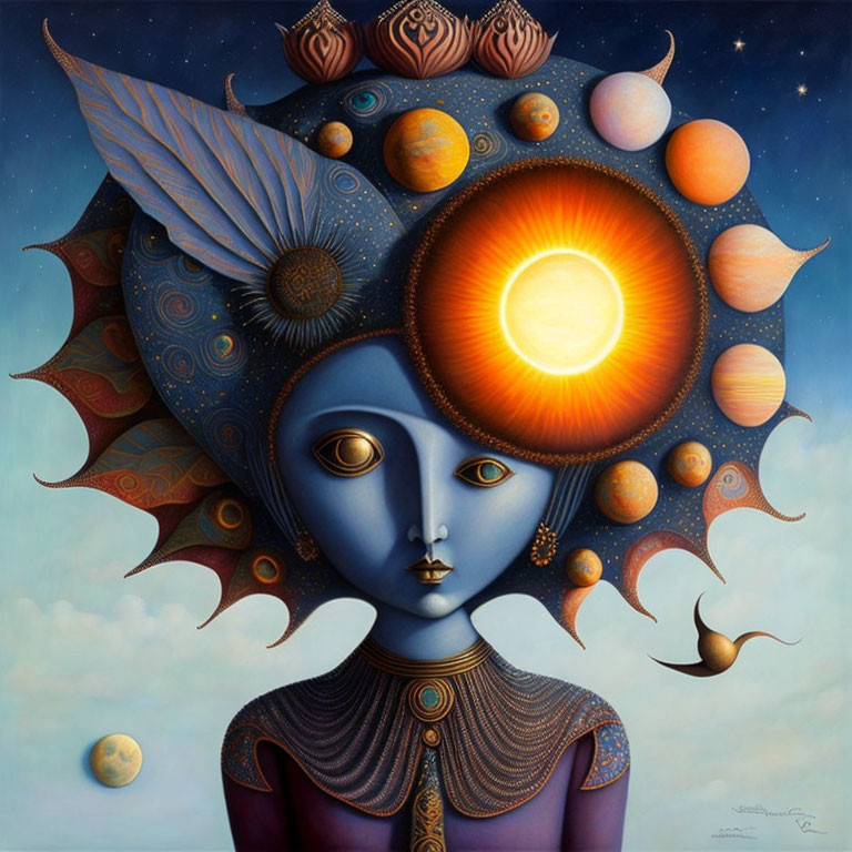 Surreal painting of figure with cosmic headpiece and starry backdrop