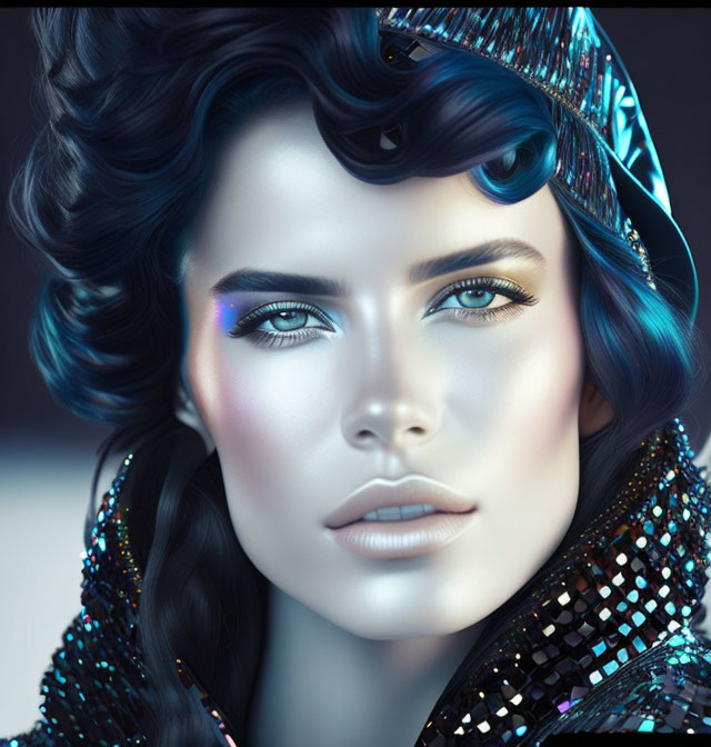 Digital Art: Woman with Blue Eyes and Curly Dark Hair