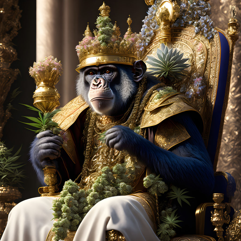 Regal chimpanzee in golden crown and armor on ornate throne with floral scepter