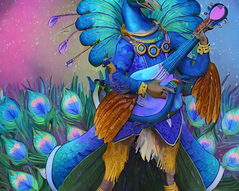 Anthropomorphic peacock playing lute in whimsical setting