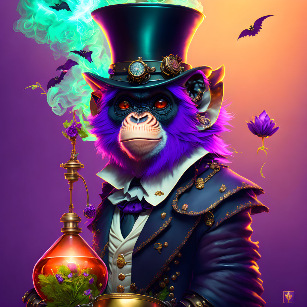 Stylized monkey in purple coat and top hat with potion, mystical purple backdrop