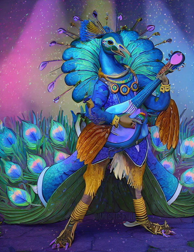 Anthropomorphic peacock playing lute in whimsical setting