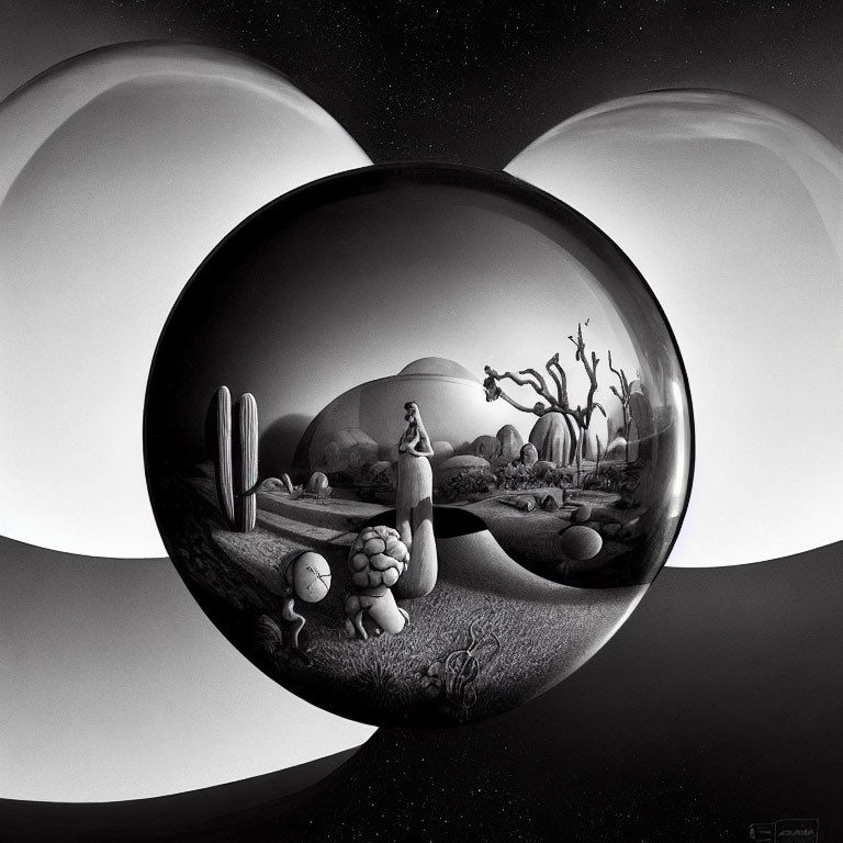 Surreal black and white artwork: Woman in desert with oversized objects and reflective surfaces