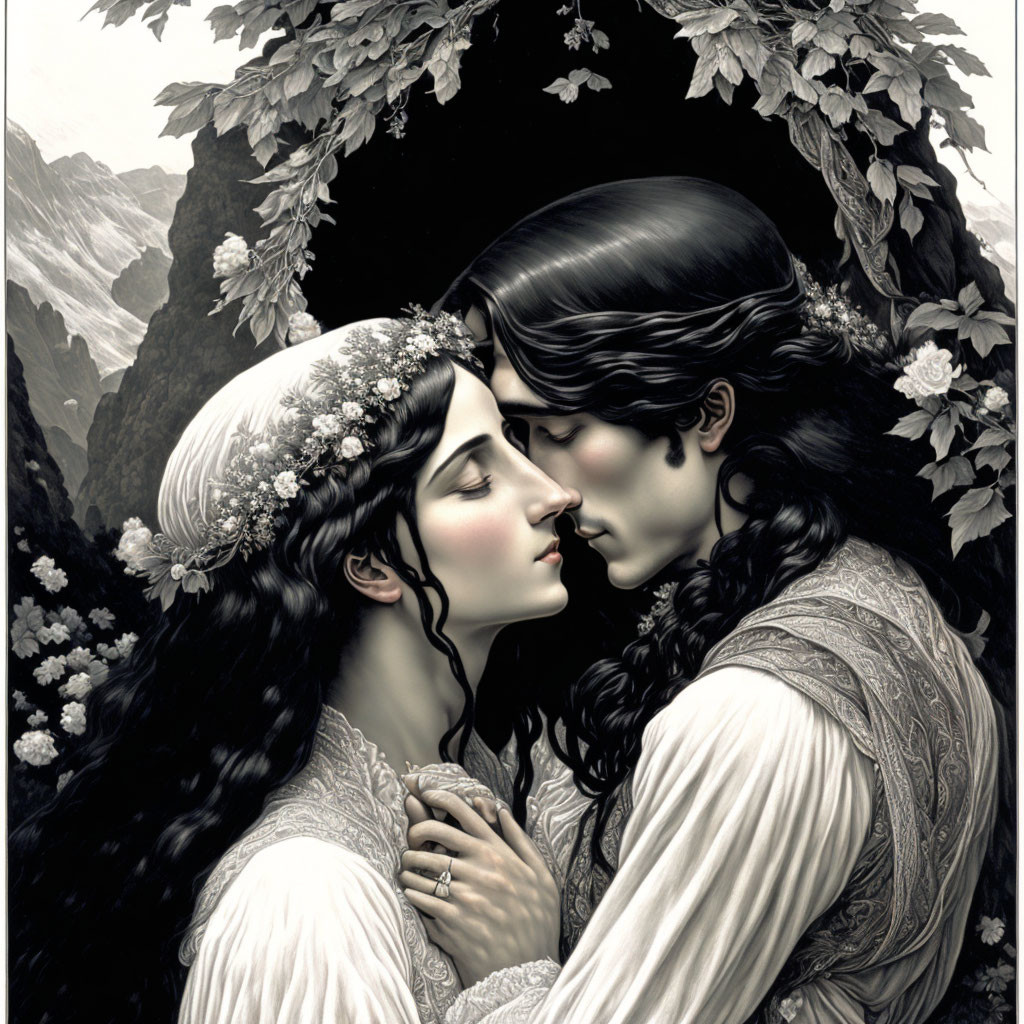 Monochromatic illustration of man and woman in romantic embrace with floral arch