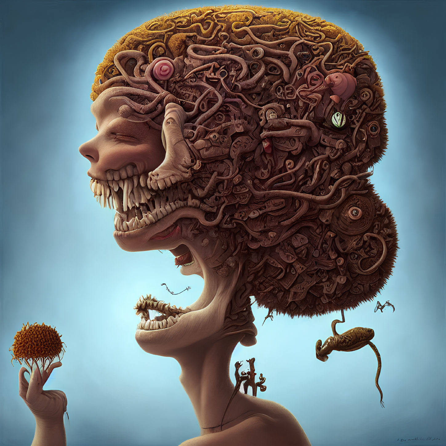 Intricate surreal art: human head profile with brain-like structures and small figures on blue background