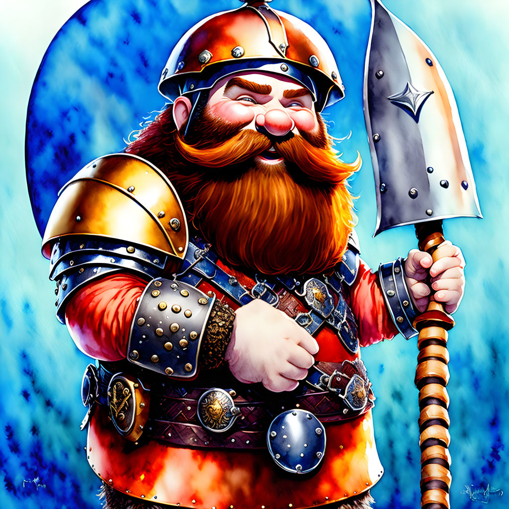 Colorful illustration of smiling red-bearded dwarf warrior in shiny armor with large axe on blue background