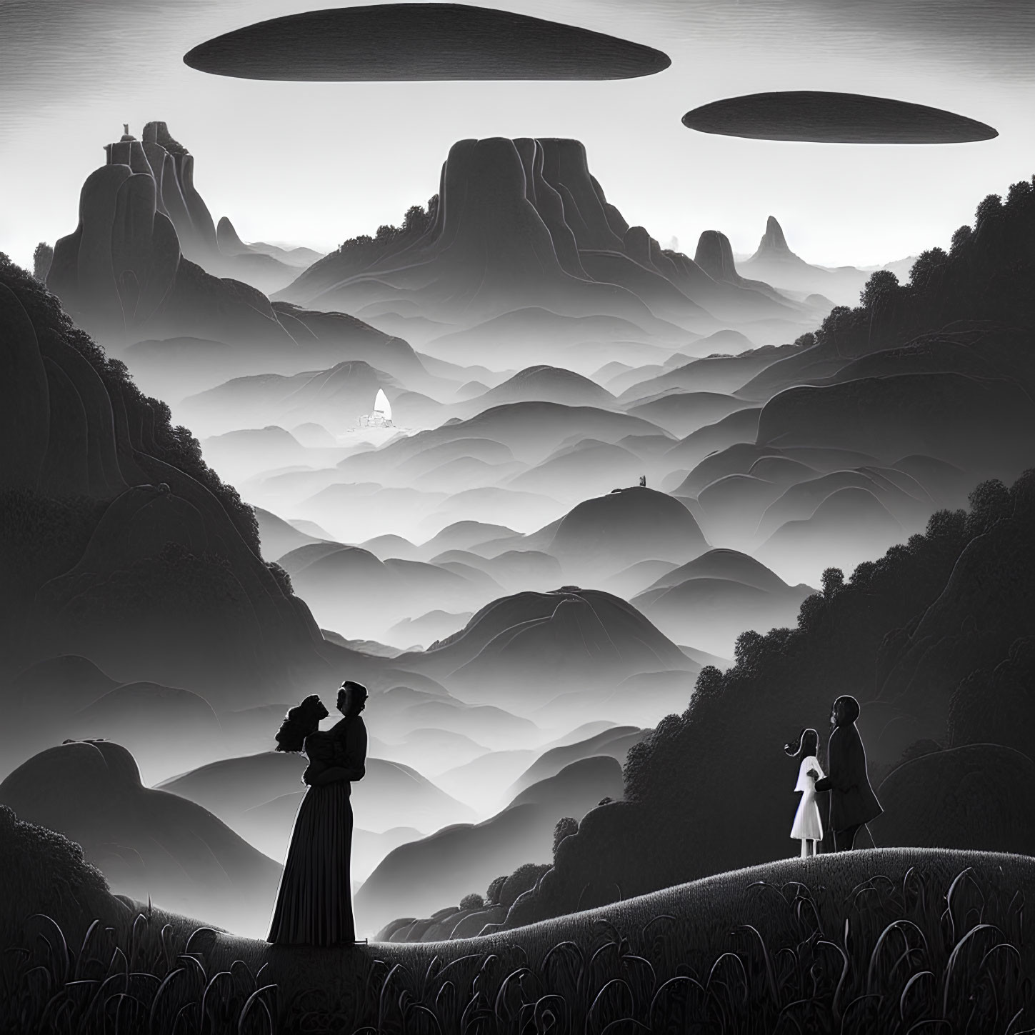 Monochrome illustration of two people watching UFOs over misty mountains