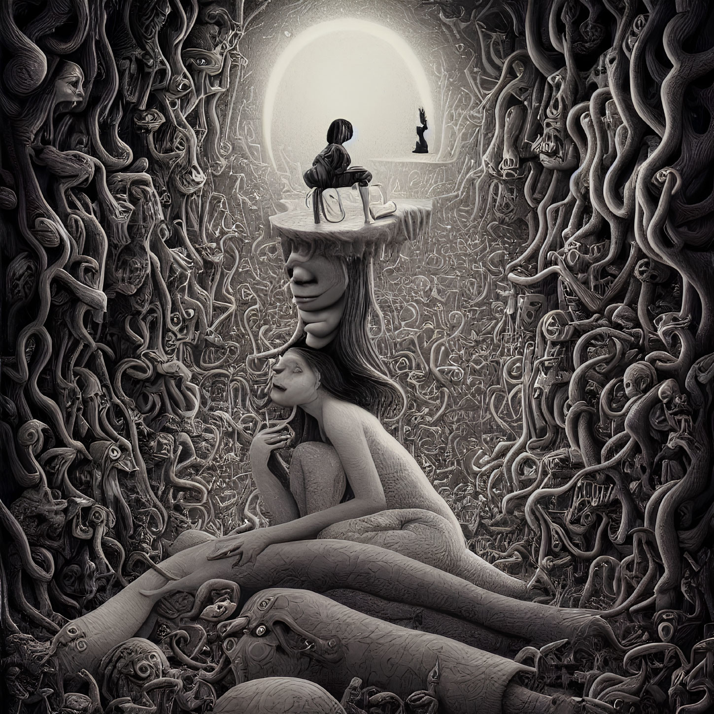 Intricate black and white surreal illustration with large face, small figure, and girl leaning.