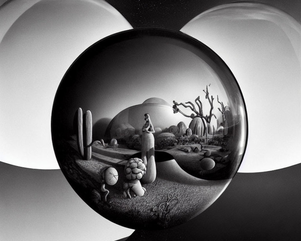 Surreal black and white artwork: Woman in desert with oversized objects and reflective surfaces