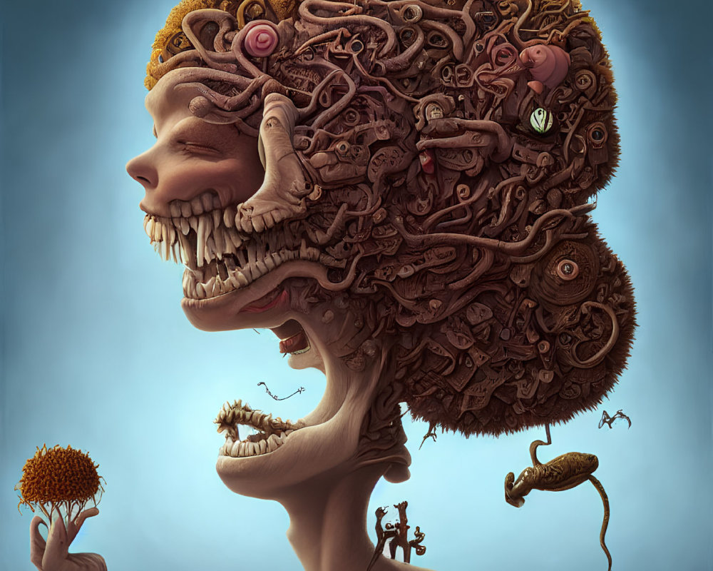 Intricate surreal art: human head profile with brain-like structures and small figures on blue background