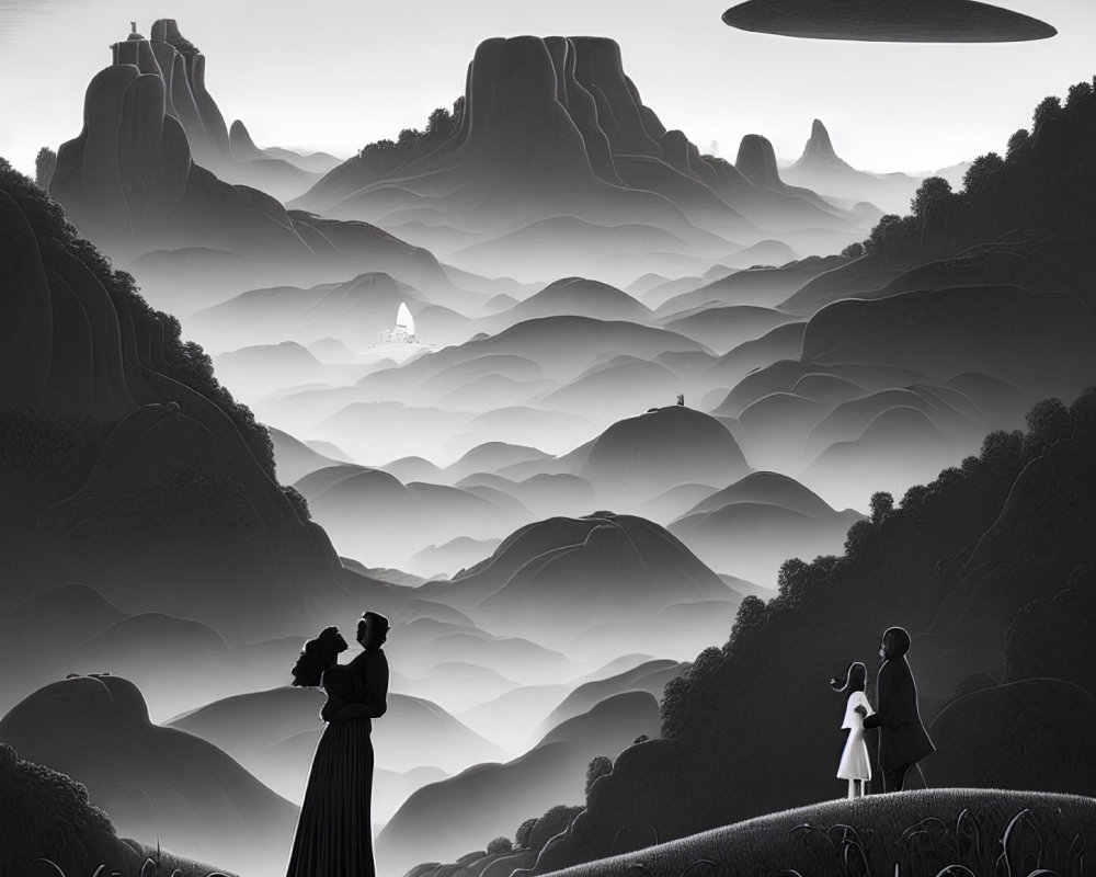 Monochrome illustration of two people watching UFOs over misty mountains