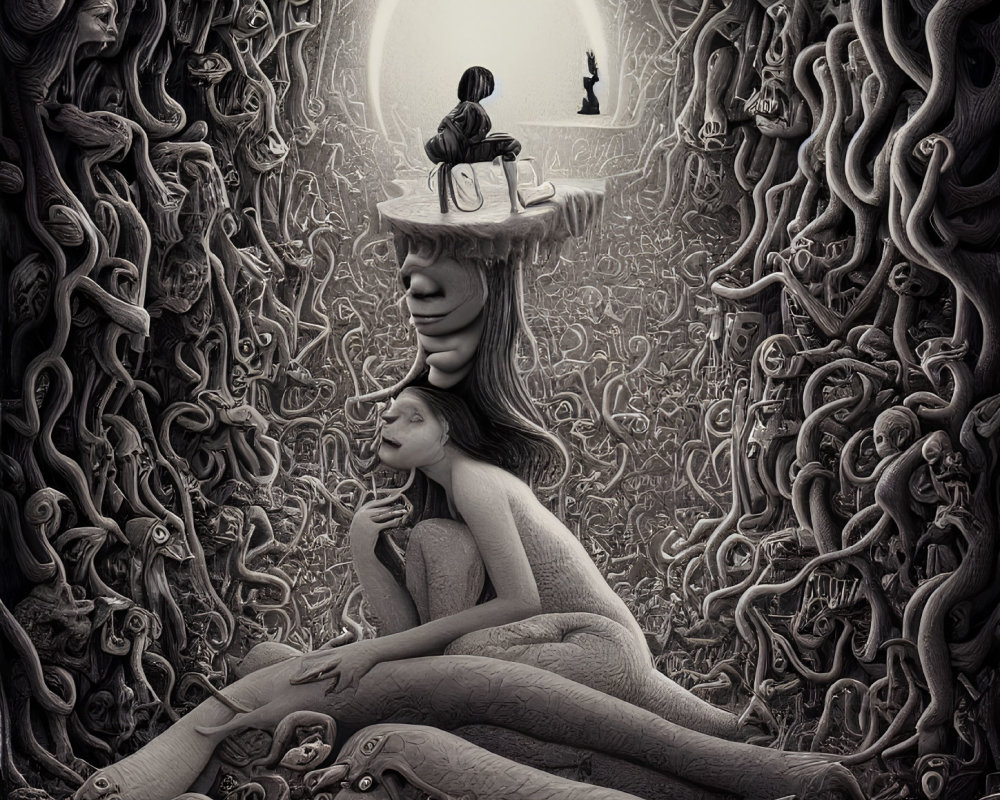 Intricate black and white surreal illustration with large face, small figure, and girl leaning.