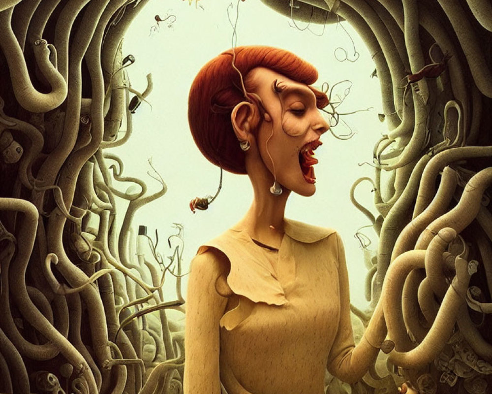 Whimsical illustration of laughing woman with tree-like structures