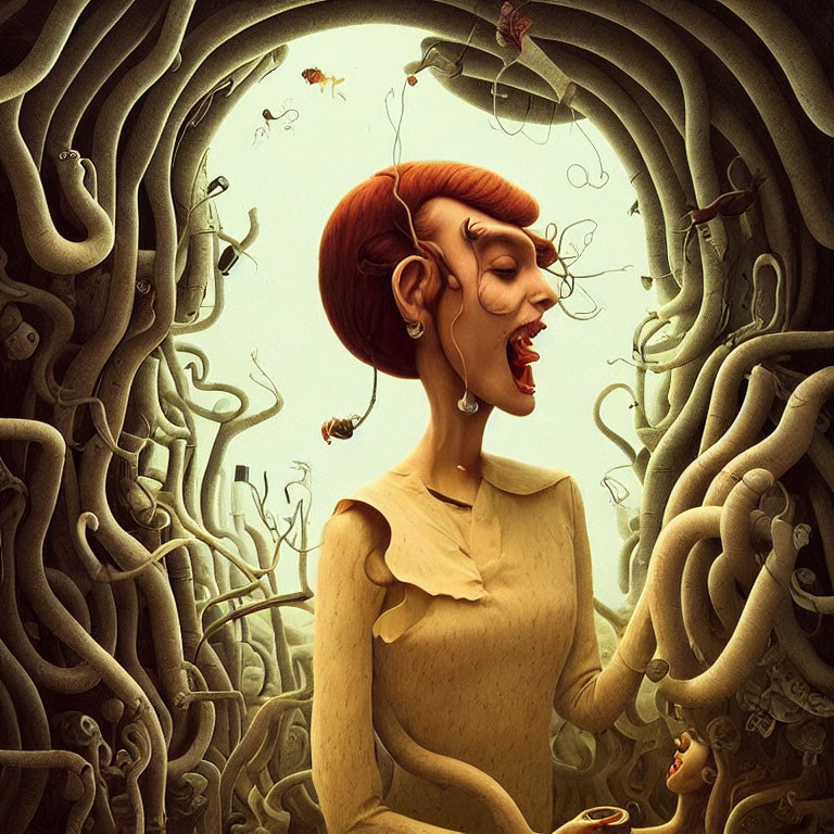 Whimsical illustration of laughing woman with tree-like structures