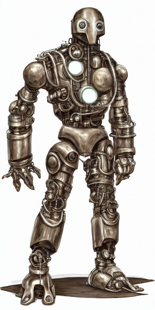 Metallic humanoid robot with circular joints and illuminated chest on white background