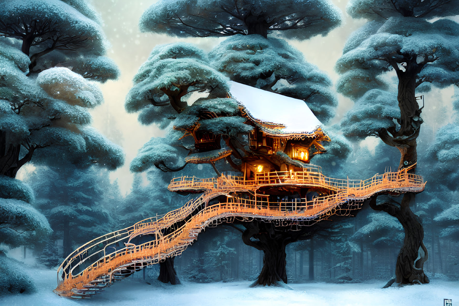 Snowy forest treehouse with glowing lanterns & staircase