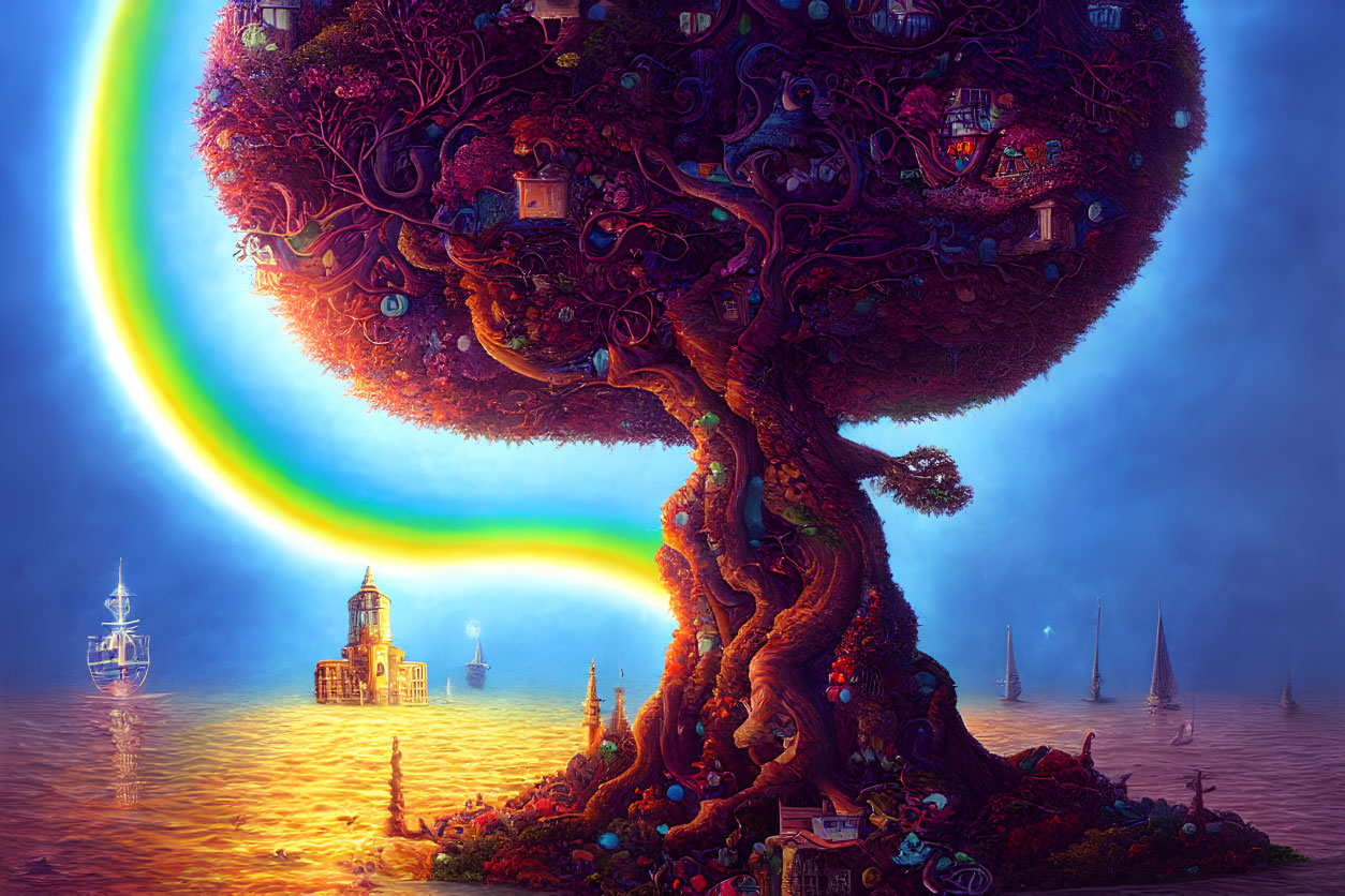 Whimsical tree, houses, rainbow, lighthouse, and ships on colorful landscape