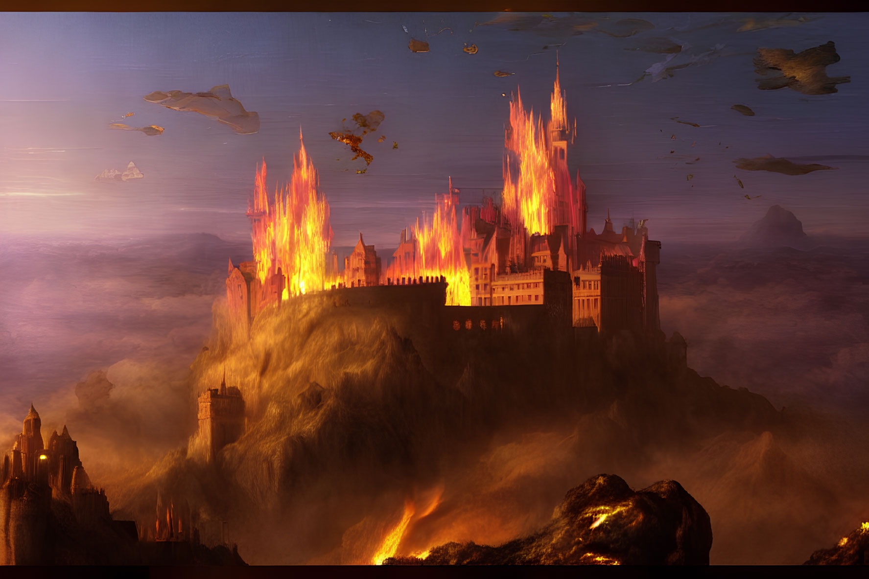 Burning castle on cliff in apocalyptic landscape