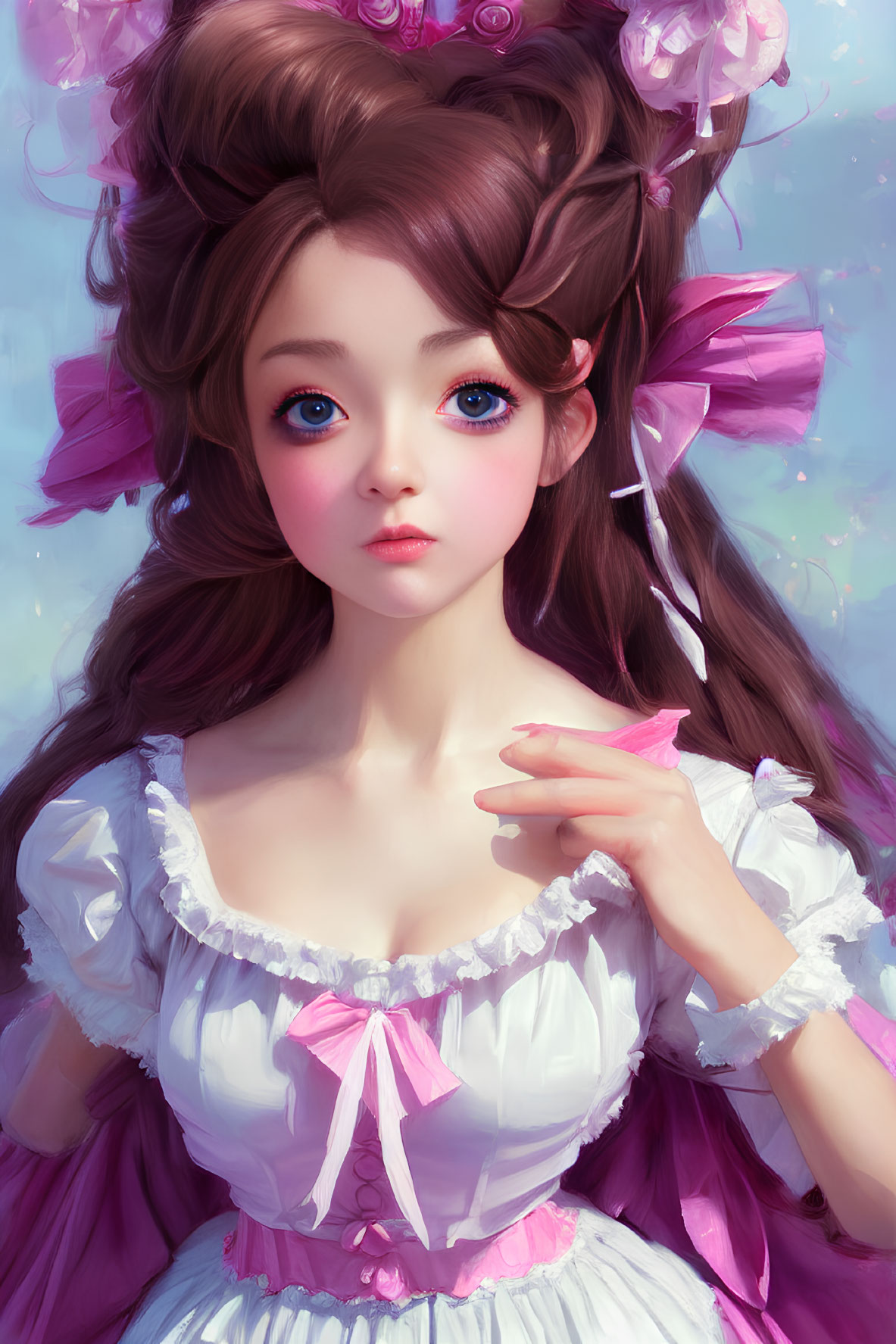 Girl with Large Blue Eyes and Elaborate Brunette Hair in Vintage White and Pink Outfit