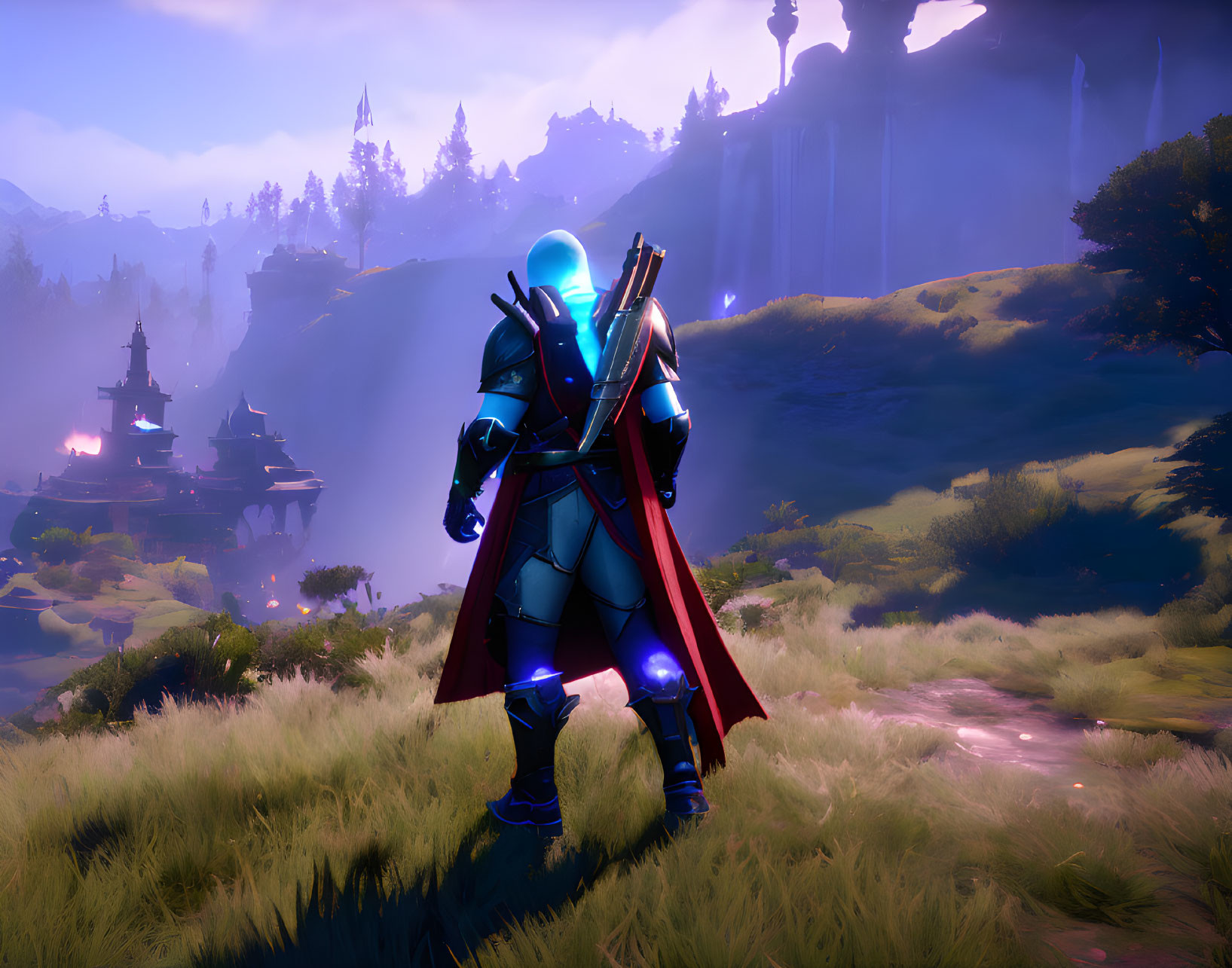 Futuristic knight in blue armor in mystical forest with glowing elements and Asian-style buildings at twilight