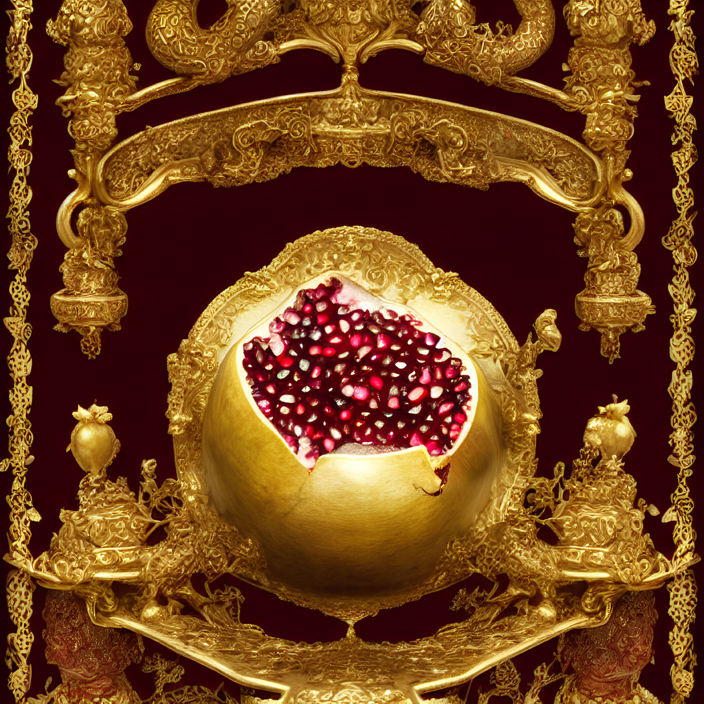 Detailed Golden Ornaments Surrounding Pomegranate on Red Background