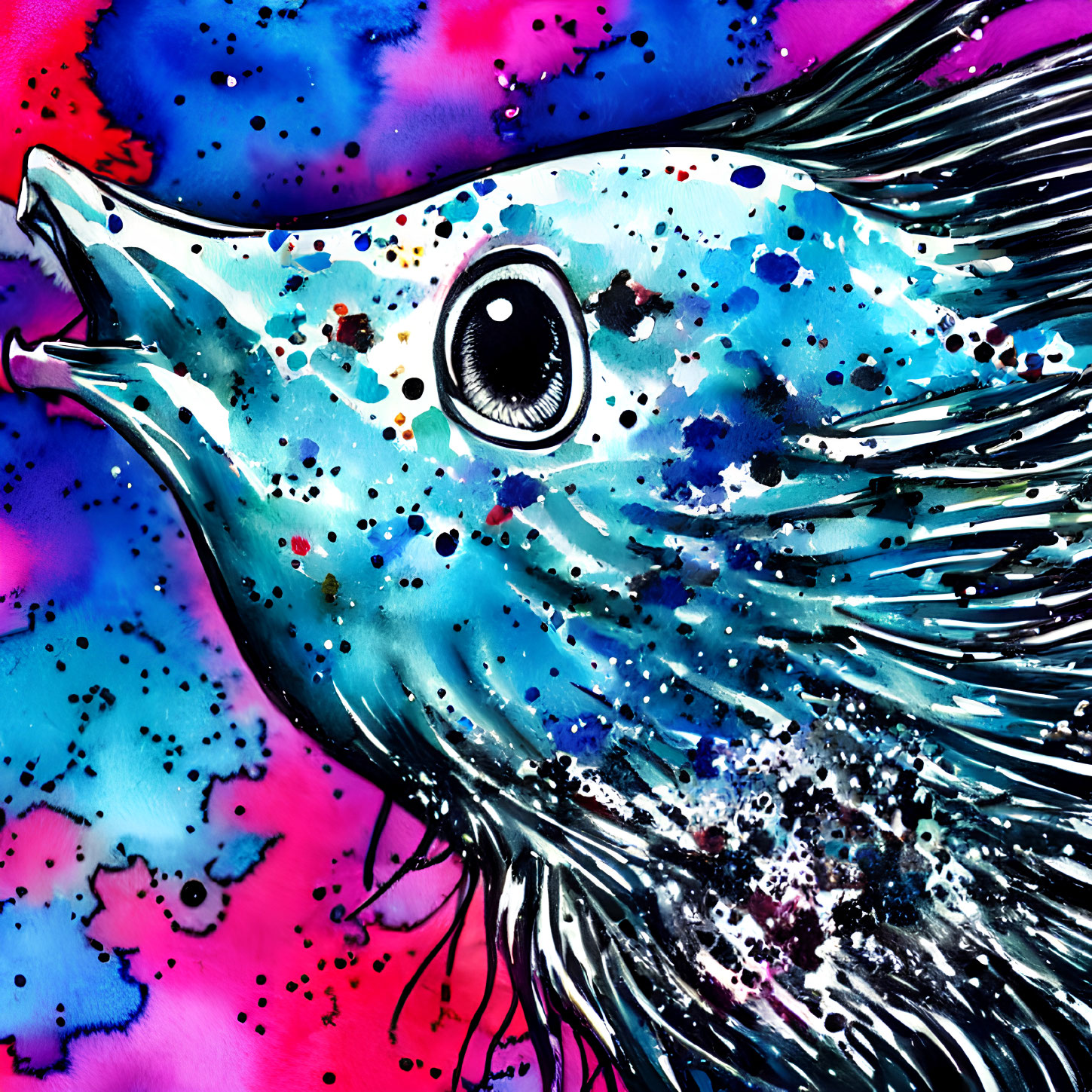 Colorful fish painting with prominent eye in vibrant blue and pink hues