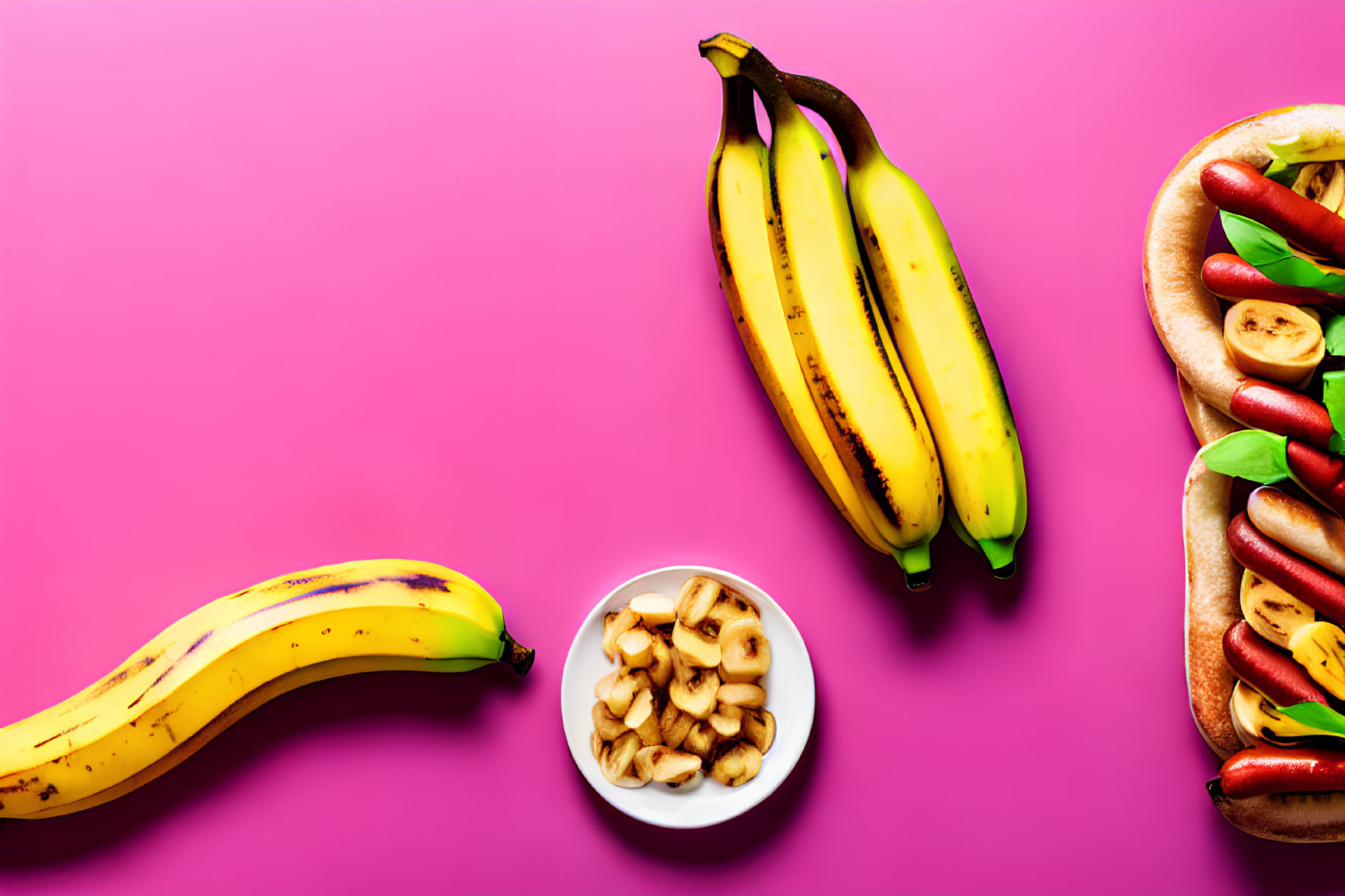 Assorted fruits and hot dogs on pink background