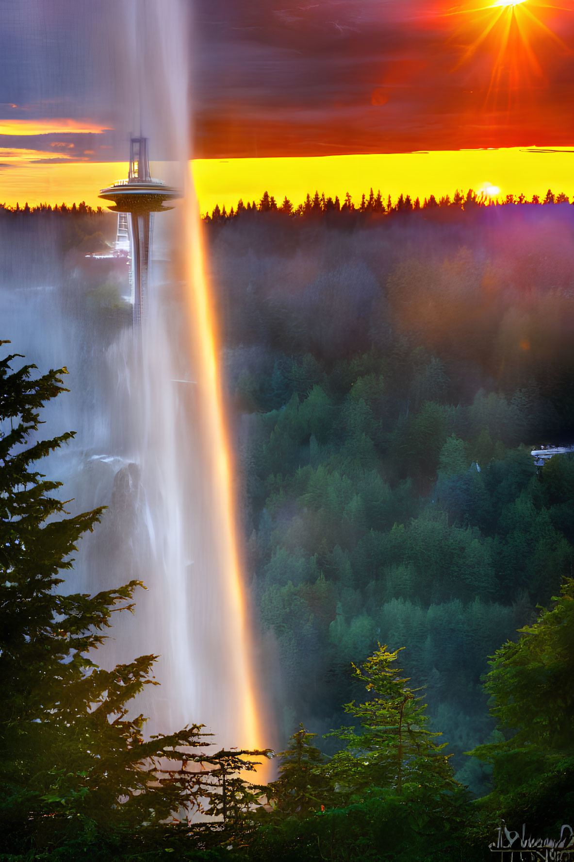 Vibrant sunset sky over forest silhouette with tower and waterfall streak