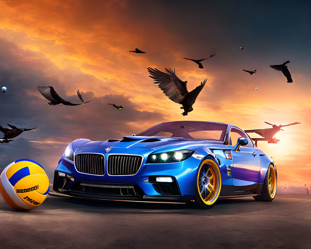 Customized Blue BMW Car in Fiery Sunset Scene with Beach Volleyball