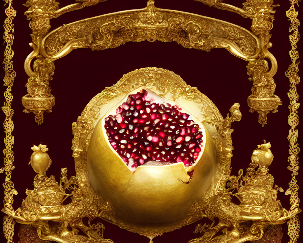 Detailed Golden Ornaments Surrounding Pomegranate on Red Background