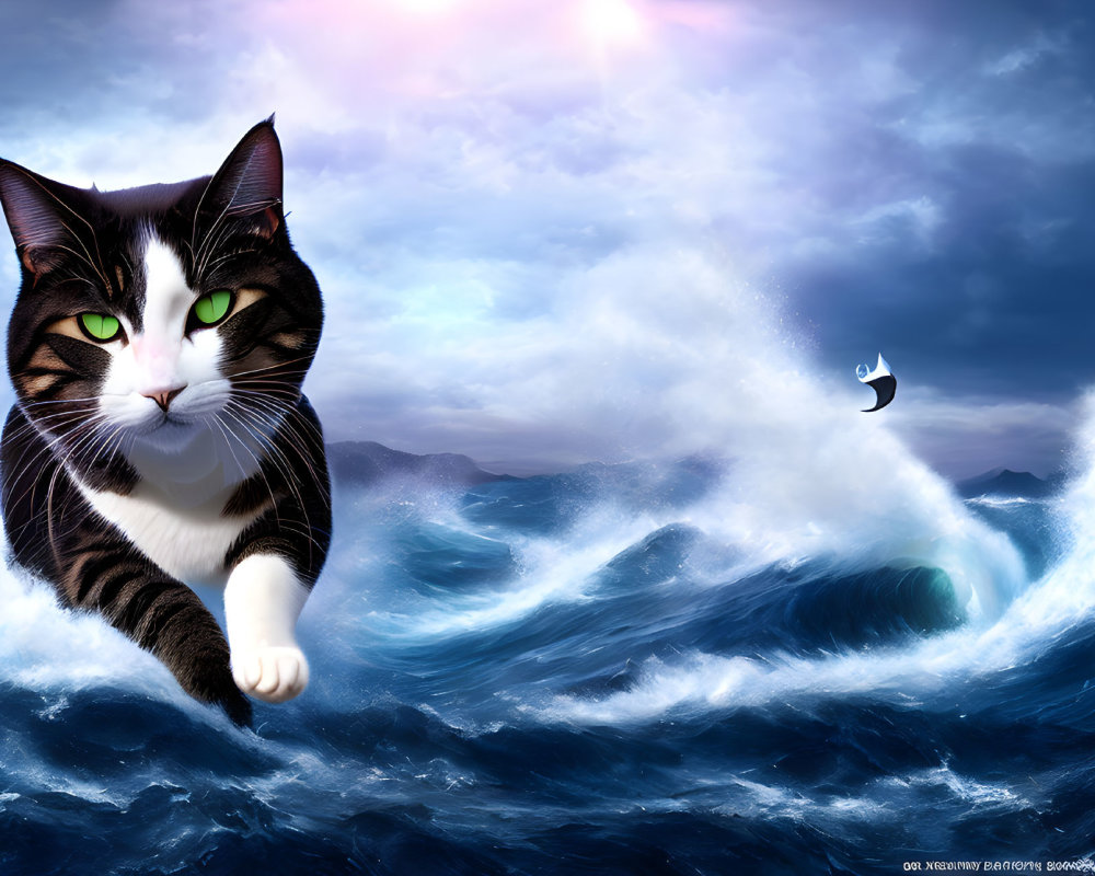 Surreal oversized cat amidst ocean waves with sailboat and stormy sky