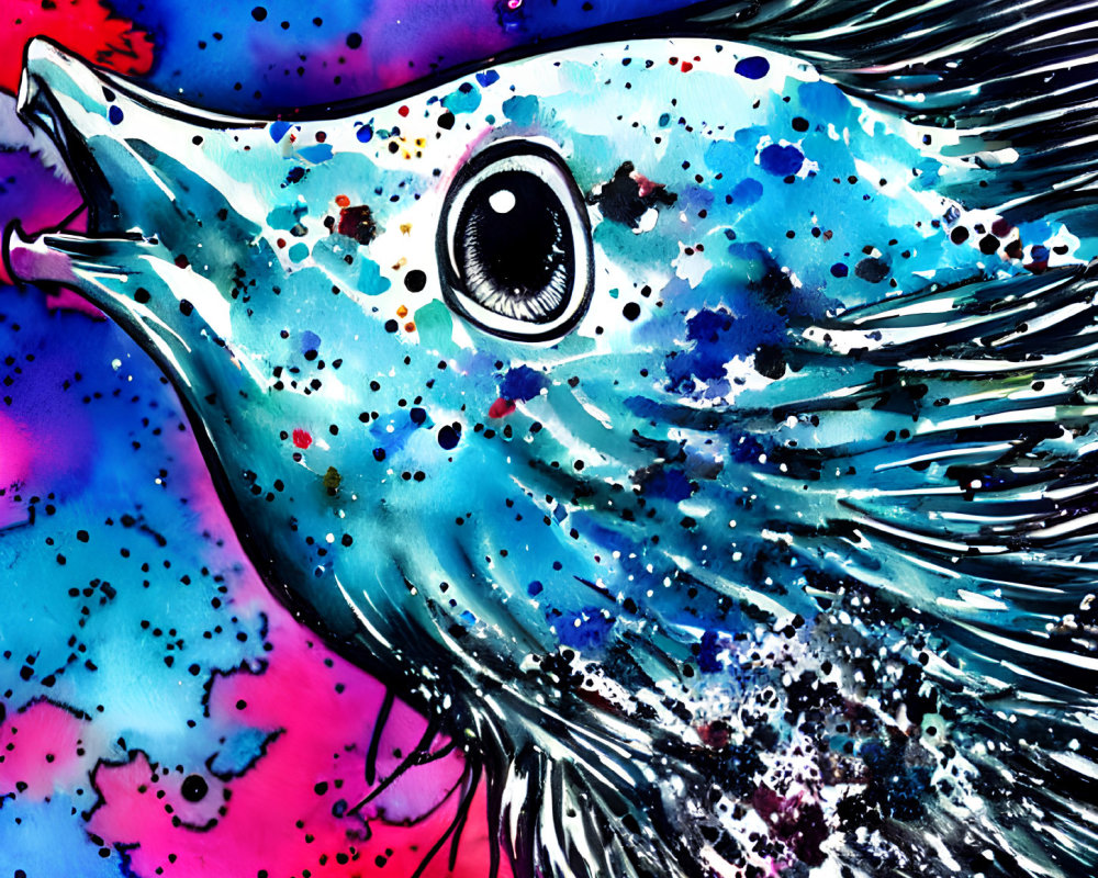 Colorful fish painting with prominent eye in vibrant blue and pink hues