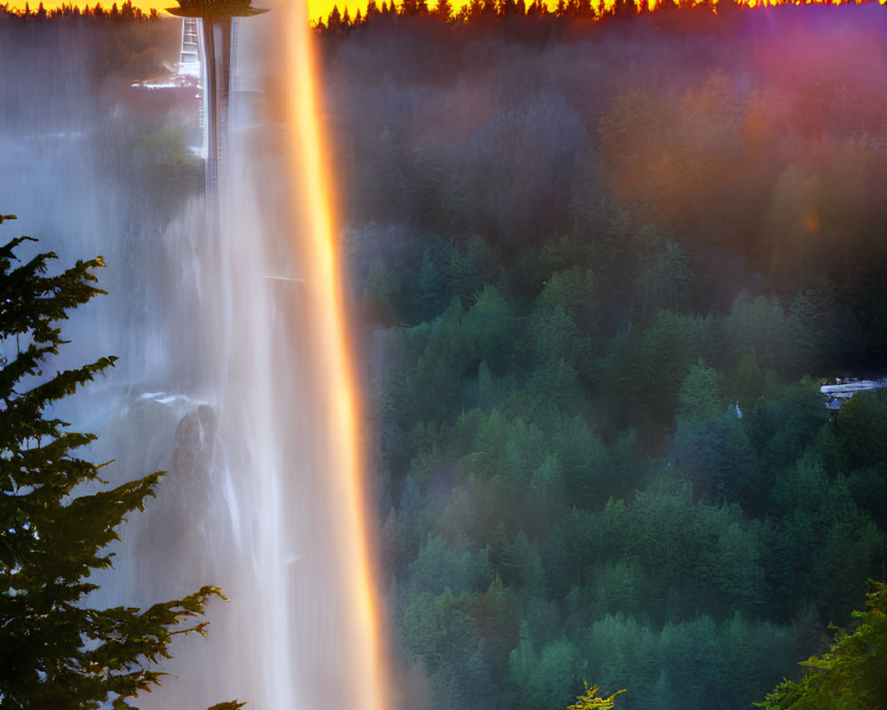 Vibrant sunset sky over forest silhouette with tower and waterfall streak